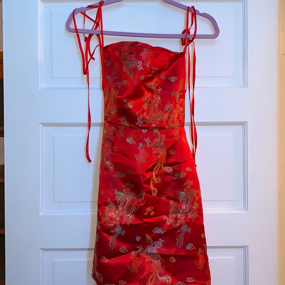 Red, Chinese Dragon print, backless dress. Size XS